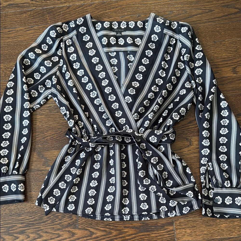 Ann Taylor Black and White Floral Stripe Wrap Blouse